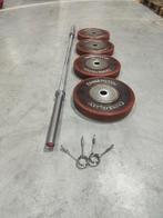 Crossmaxx barbell + olympische bumperplates 120kg, Ophalen, Halterschijven, Benen, -