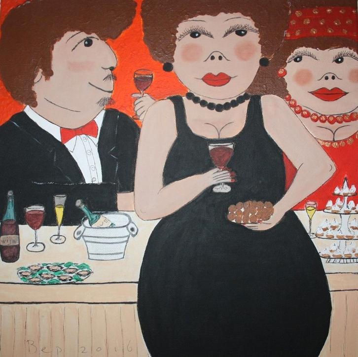 Gezellig schilderij  Dikke Dames Borreltijd 40 x 40 cm., Antiek en Kunst, Kunst | Schilderijen | Modern, Ophalen