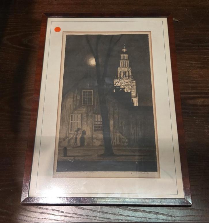 Ets verlichte Martinitoren Groningen Arend Hendriks, Antiek en Kunst, Kunst | Etsen en Gravures, Ophalen