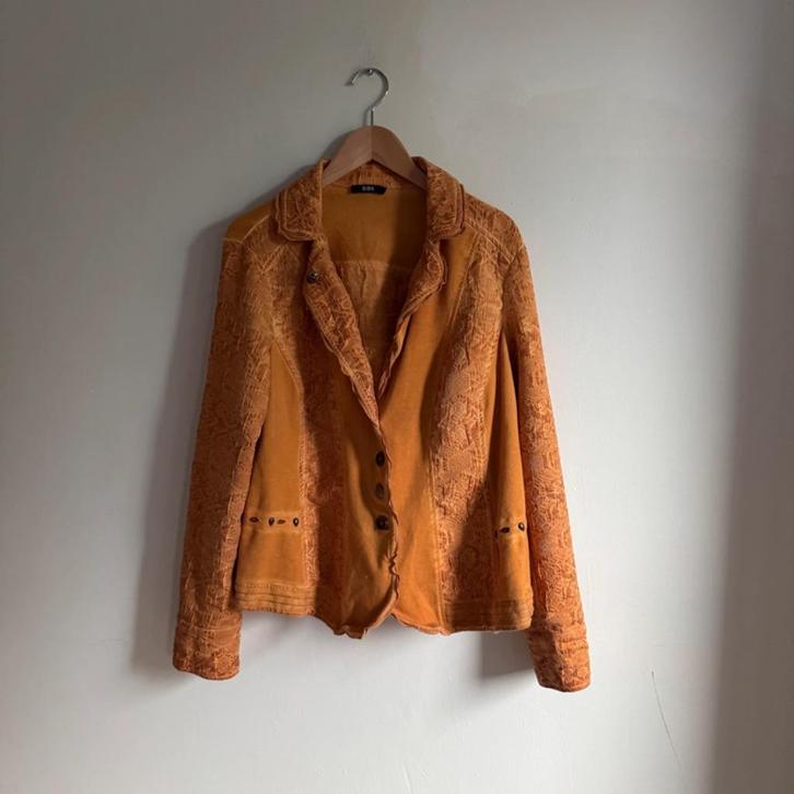 Bohemian Oranje Gele Embossed Blazer, Kleding | Dames, Jasjes, Kostuums en Pakken, Zo goed als nieuw, Jasje, Maat 42/44 (L), Oranje
