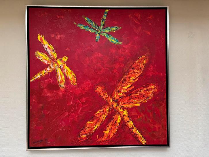 Abstract Schilderij met Libellen - 100x100cm, Antiek en Kunst, Kunst | Schilderijen | Abstract, Ophalen
