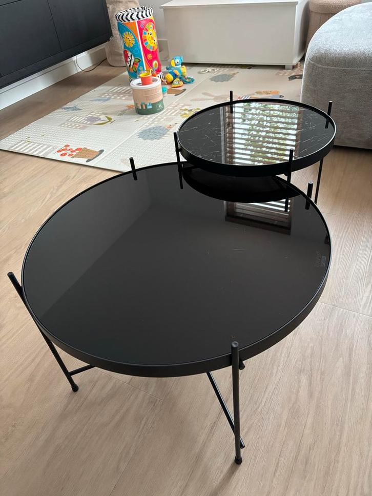 Salontafel set - Glazen blad, Huis en Inrichting, Tafels | Salontafels, Gebruikt, Minder dan 50 cm, 50 tot 100 cm, Rond, Glas