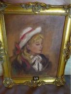vintage schilderijtje J. Delvaux 70er jaren meisje met hoed, Ophalen, Minder dan 50 cm, Zo goed als nieuw, Schilderij