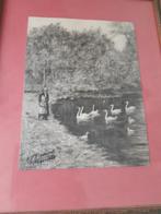 Oude Tekening  moeder en kind bij vijver met zwanen, Antiek en Kunst, Ophalen of Verzenden