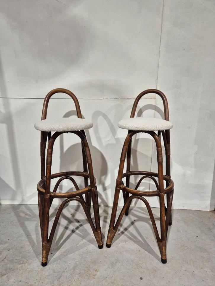 2 vintage bamboe barkrukken tiki design, Huis en Inrichting, Barkrukken, Gebruikt, 60 tot 90 cm, 2 krukken, Ophalen