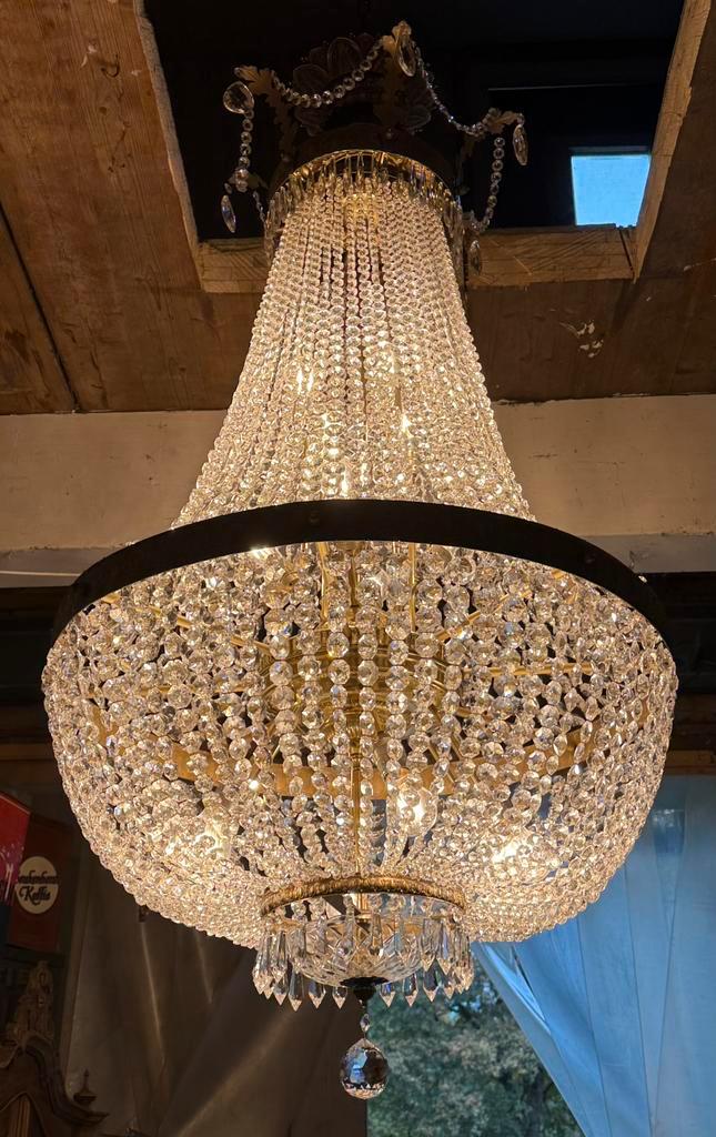 Zeer grote imposante antieke kristallen kroonluchter, Huis en Inrichting, Lampen | Kroonluchters, Zo goed als nieuw, Glas, Metaal