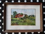 Waterverf schilderwerkje van een boerenerf achter glas, Antiek en Kunst, Kunst | Schilderijen | Klassiek, Ophalen of Verzenden