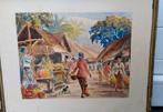 Aquarel Indonesische Markt, Antiek en Kunst, Kunst | Schilderijen | Klassiek, Verzenden