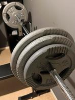 Drukbank met halterstang en 90 kg aan gewichten., Ophalen, Gebruikt, Borst, Halterset