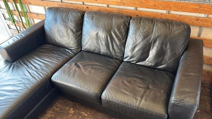 In mooie staat verkerende zwarte leren hoekbank, Huis en Inrichting, Banken | Complete zithoeken, Zo goed als nieuw, Ophalen