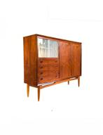 Vintage Deens teakhouten highboard, jaren ‘60, Vintage retro buisframe design rotan webbing papercord deens, 150 tot 200 cm, Glas