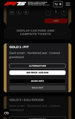 Ticket voor zaterdag Spa F1 GOLD 1 recht tegenover pitlane., Eén persoon