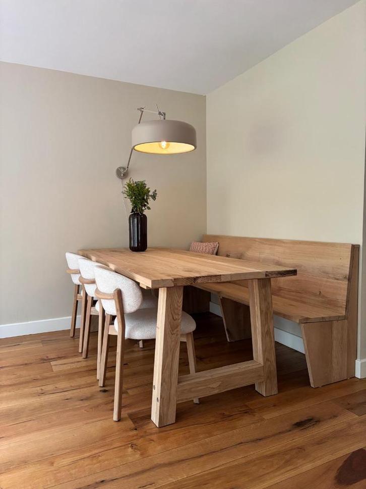 Handgemaakte robuuste licht eiken tafel, Huis en Inrichting, Tafels | Eettafels, Nieuw, 50 tot 100 cm, 200 cm of meer, Vijf personen of meer