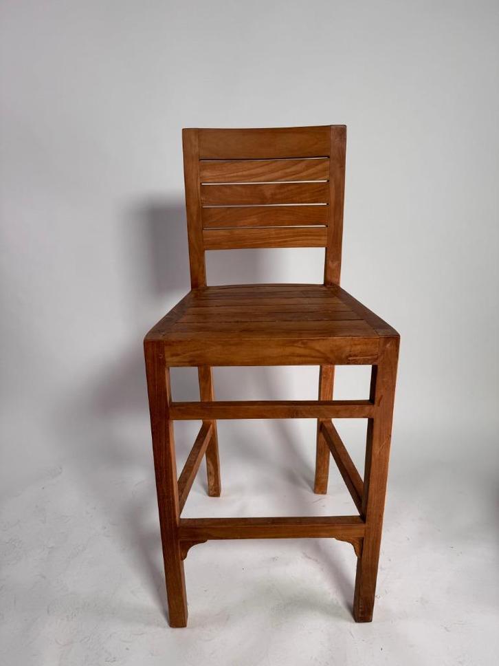 Teakhouten barkruk (6x) met rugleuning – naturel en zwart, Huis en Inrichting, Barkrukken, Zo goed als nieuw, 60 tot 90 cm, Hout