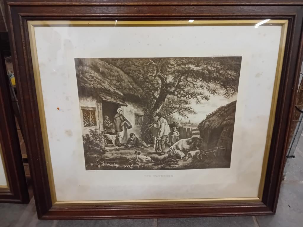 Oude prent van Lee Warrener in houten lijst, Ophalen of Verzenden