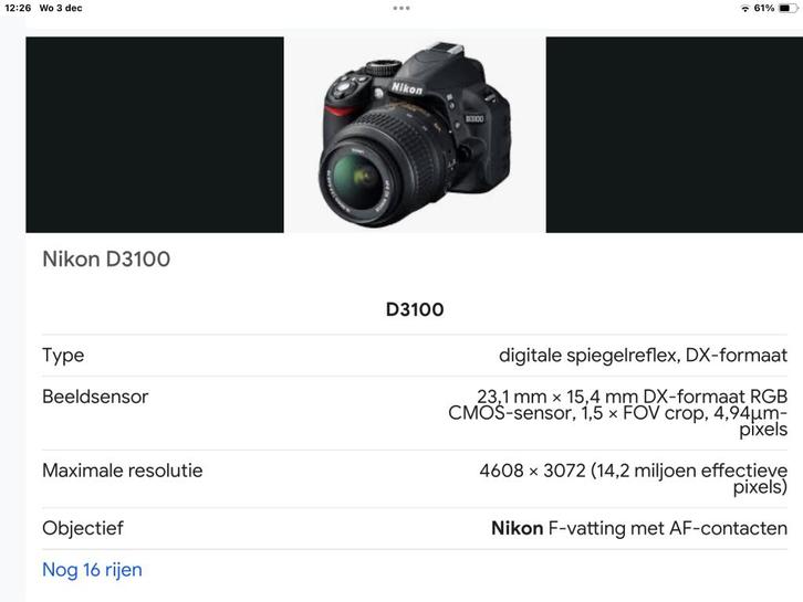 Nikon D3100 spiegelreflex camera, Audio, Tv en Foto, Fotocamera's Digitaal, Zo goed als nieuw, Spiegelreflex, Nikon, 4 t/m 7 keer
