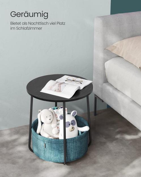 Bijzettafel - Rond - Stoffen mand -Hout -Zwart-Mauda-50/45cm, Huis en Inrichting, Tafels | Bijzettafels, Nieuw, Rond, 45 tot 60 cm