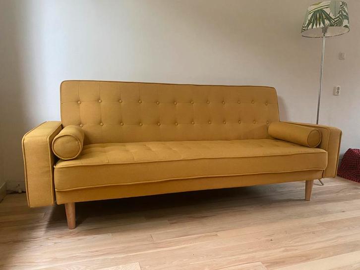 Prachtige retro Slaapbank (mosterdgeel) ZGAN!!!, Huis en Inrichting, Banken | Sofa's en Chaises Longues, Zo goed als nieuw, Tweepersoons