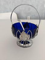Blauw glazen vaasje in verzilverde houder (suikerpot), Antiek en Kunst, Ophalen of Verzenden