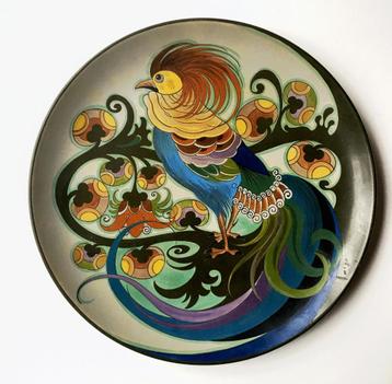Art nouveau wandbord met paradijsvogel door J.H. de Groot beschikbaar voor biedingen