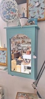 Aqua groen brocante spiegel kastje, grenen hangkastje,, Minder dan 50 cm, Gebruikt, Vintage, Ophalen of Verzenden