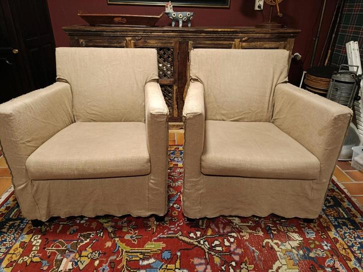 Casamilano Fauteuils - Set van 2. Zandkleurig linnen, Huis en Inrichting, Fauteuils, Zo goed als nieuw, Stof, 50 tot 75 cm, 75 tot 100 cm