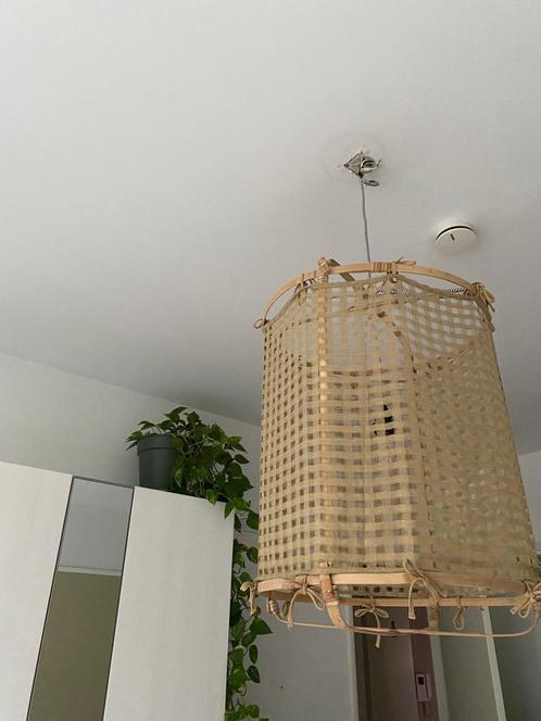 Aziatische / Japans/ Indonesische hanglamp loods 5 stof hout, Huis en Inrichting, Lampen | Tafellampen, Zo goed als nieuw, 50 tot 75 cm