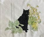 Borduurwerk, zijde, zwarte kat, plant, vensterbank, vintage, Ophalen