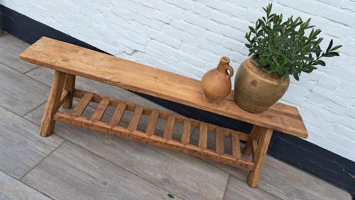 Teakhouten bank met onder rek, Huis en Inrichting, Krukjes, Nieuw, Hout, Ophalen