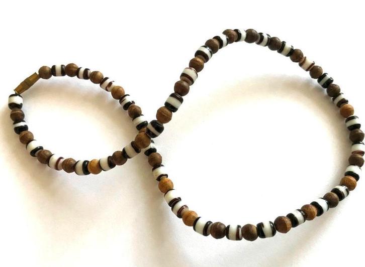 Prachtige vintage ketting met hout- en glas kralen Murano, Sieraden, Tassen en Uiterlijk, Kettingen, Zo goed als nieuw, Overige materialen