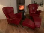 Twee rode leren design stoelen met voetenbankje, Huis en Inrichting, Stoelen, Ophalen, Twee, Design, Leer