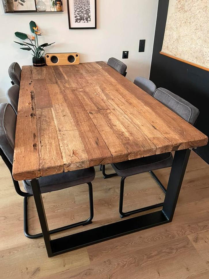 Eettafel industrieel l massief hout, Huis en Inrichting, Tafels | Eettafels, Gebruikt, 50 tot 100 cm, 200 cm of meer, Vijf personen of meer