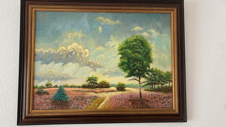 Klassiek Landschap Schilderij  - Bloemenveld en Boom, Antiek en Kunst, Kunst | Schilderijen | Klassiek, Ophalen