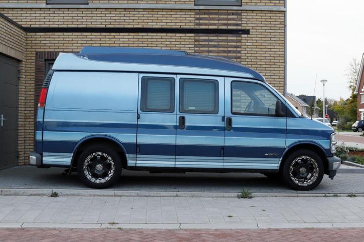 Chevrolet Chevy Van Camper kenteken 1997, Auto's, Chevrolet, Particulier, Chevy Van, LPG, Automaat, Blauw, Blauw, Velours, Achterwielaandrijving