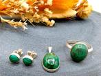 Zilveren sieradenset met malachiet, Ring: 17,5 mm, hanger,, Sieraden, Tassen en Uiterlijk, Gebruikt, Overige voorstellingen, Info@zilverwebsite.nl