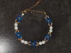 Prachtige blauw-gouden kralenarmband met parels - rvs sl, Ophalen of Verzenden, Nieuw, Blauw