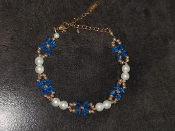 Prachtige blauw-gouden kralenarmband met parels - rvs sl beschikbaar voor biedingen