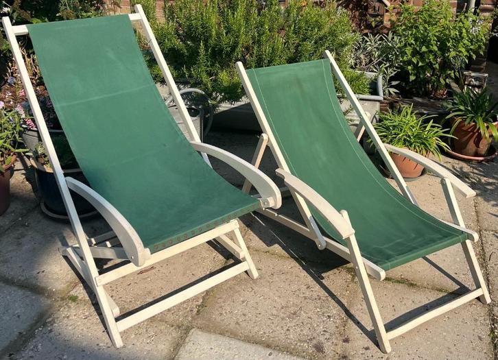 Set Franse ligstoelen | Vintage houten tuinstoelen, Tuin en Terras, Tuinstoelen, Gebruikt, Hout, Inklapbaar, Verstelbaar, Ophalen