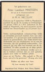 Peter Lambert Maessen 1898 Maasbracht + 1961 Maastricht, Verzenden, Bidprentje