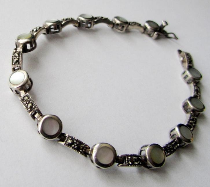 925 Sterling Zilver armband markaziet met 12 Opal Zee Abalon, Sieraden, Tassen en Uiterlijk, Antieke sieraden, Armband, Zilver