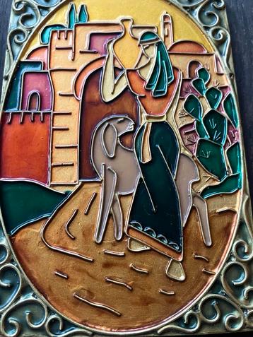 Vintage Cloisonne kunstwerkje op hout beschikbaar voor biedingen