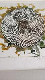 ingelijste ets bloem, zonnebloem gesigneerd en genummerd, Antiek en Kunst, Ophalen of Verzenden