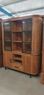 Vitrinekast ronde kanten 180 cm stalen deuren, 150 tot 200 cm, Teakhout, Ophalen of Verzenden, 150 tot 200 cm