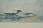 Fraaie aquarel gestileerd landschap/boerderij ipst., Antiek en Kunst, Kunst | Schilderijen | Abstract, Ophalen of Verzenden