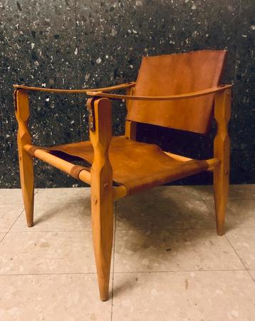 Safaristoel - beukenhout - rijtuigleer - mid century beschikbaar voor biedingen