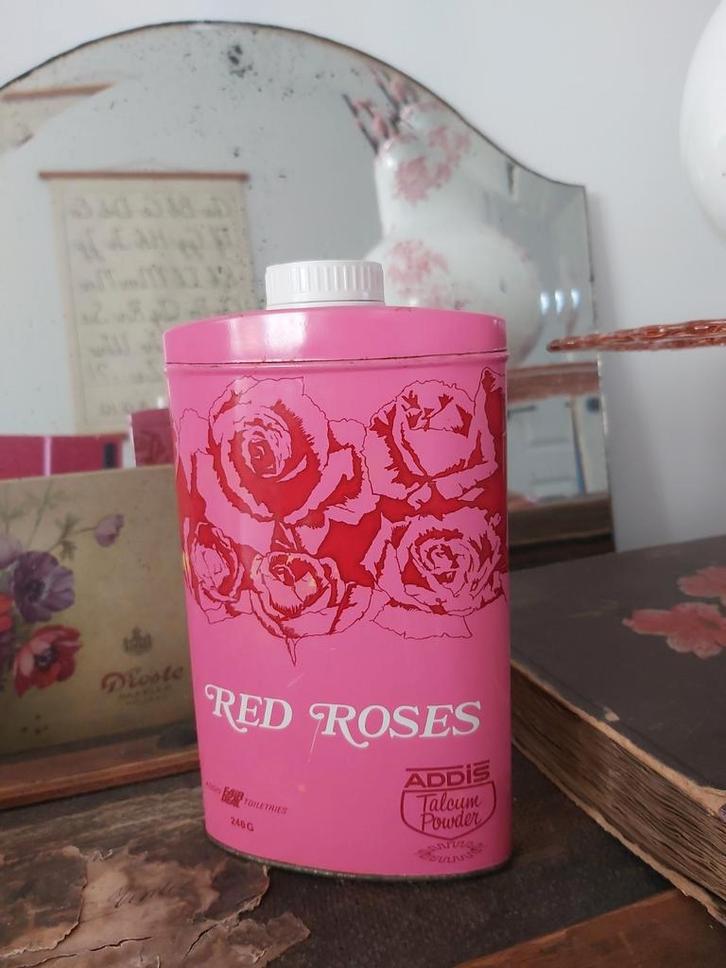 Brocante groot oud talkpoeder blik roze red roses addis 19cm, Antiek en Kunst, Curiosa en Brocante, Ophalen of Verzenden