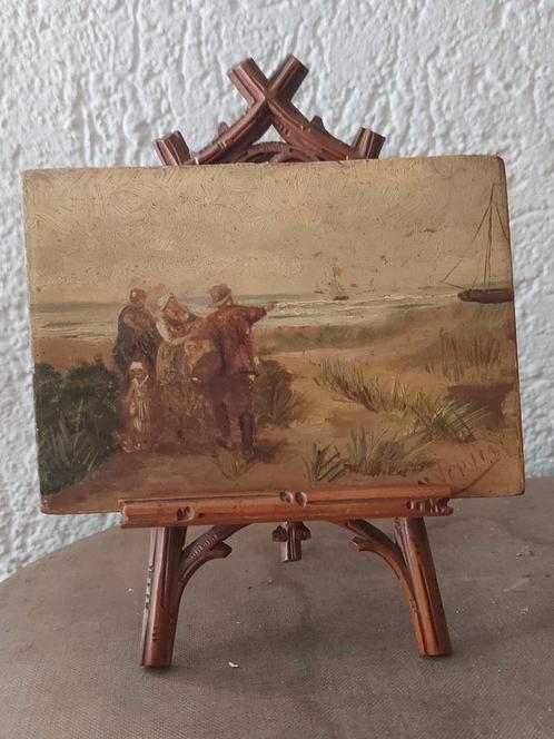 Antiek,miniatuur olieverf schilderij op ezel,strand,gesign., Antiek en Kunst, Kunst | Schilderijen | Klassiek, Ophalen of Verzenden