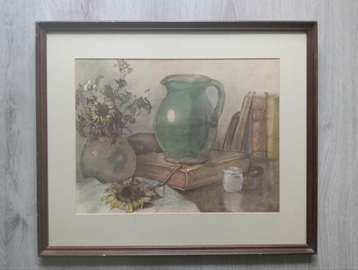 Jan Dona (1870-1941) - Stilleven met boeken en zonnebloemen, Antiek en Kunst, Kunst | Schilderijen | Klassiek, Ophalen of Verzenden