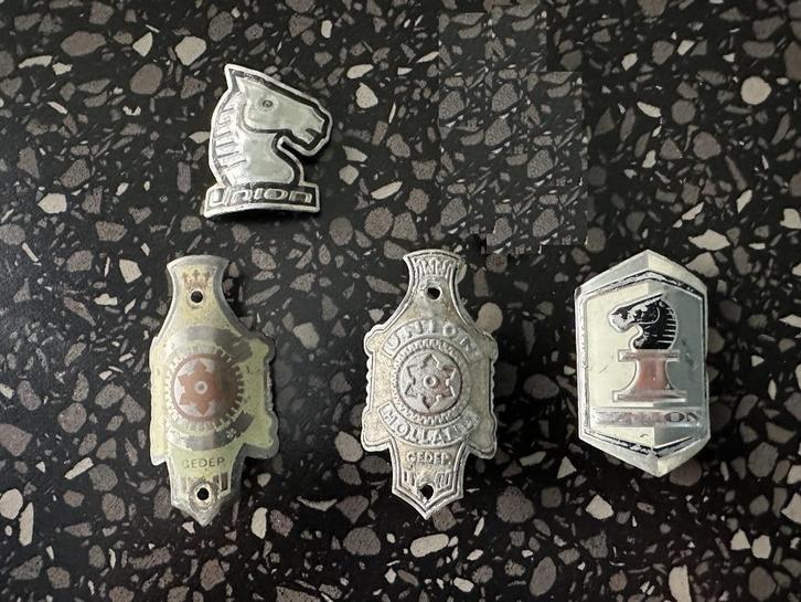 4 x Balhoofdplaatje Union. Rijwiel balhoofd plaatje., Verzamelen, Merken en Reclamevoorwerpen, Gebruikt, Overige typen, Ophalen of Verzenden