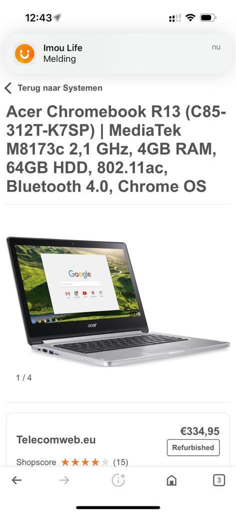 Acer R13 luxe ChromeBook(s), Computers en Software, Chromebooks, Zo goed als nieuw, 64 GB, Ophalen of Verzenden